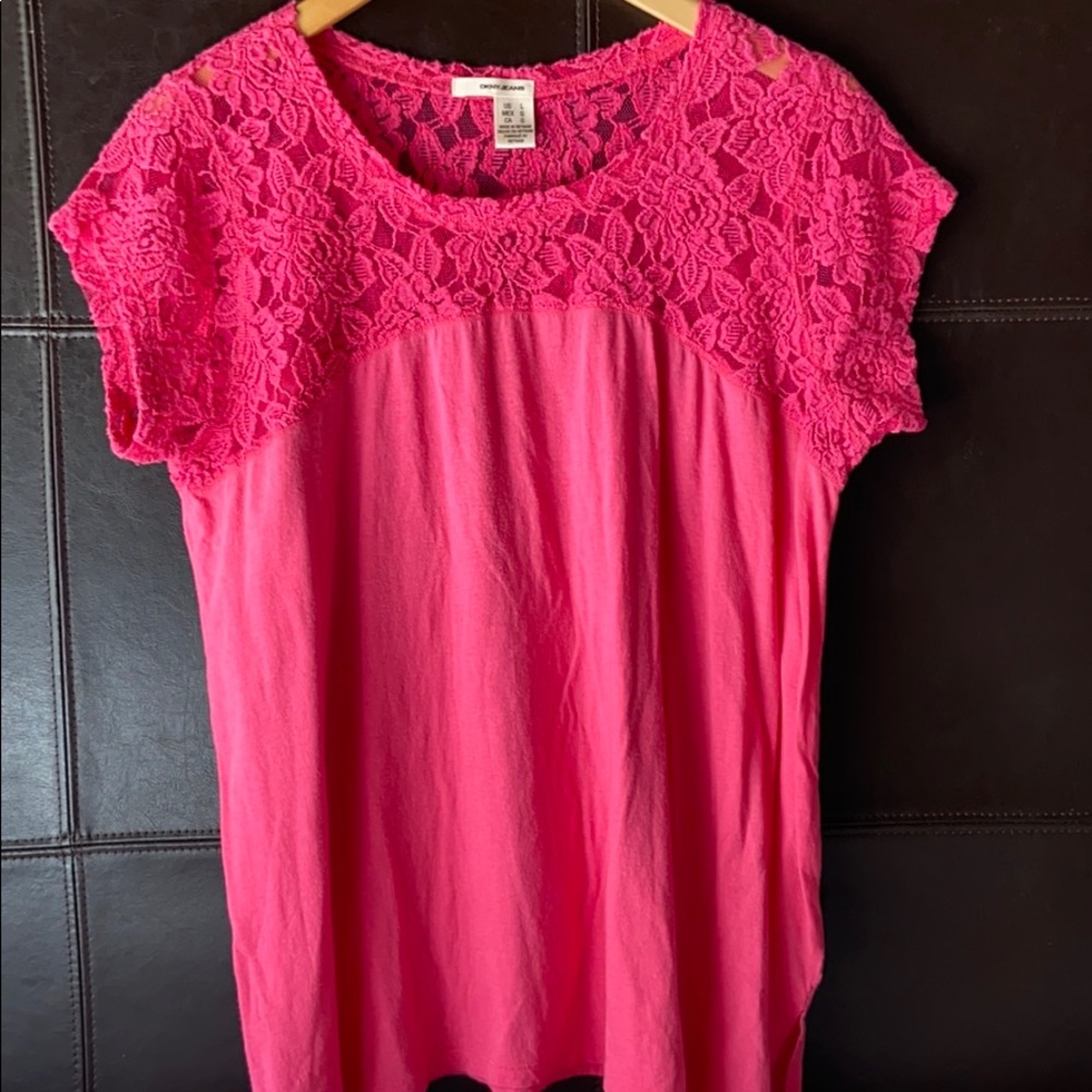 DKNY Jeans Womens Short Sleeve Pink Lace Top